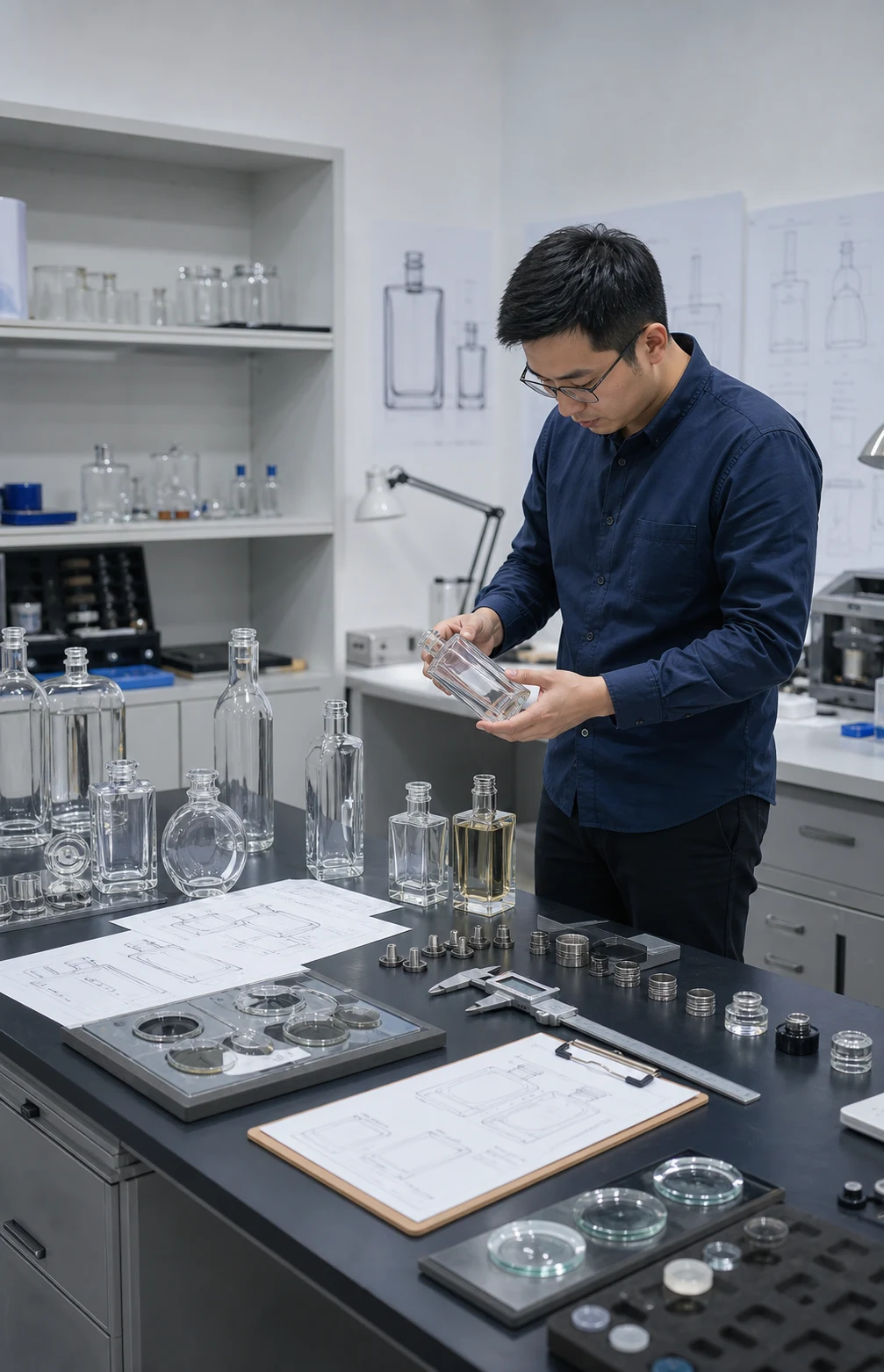 Engineer reviewing glass bottle structure with samples and measuring tools