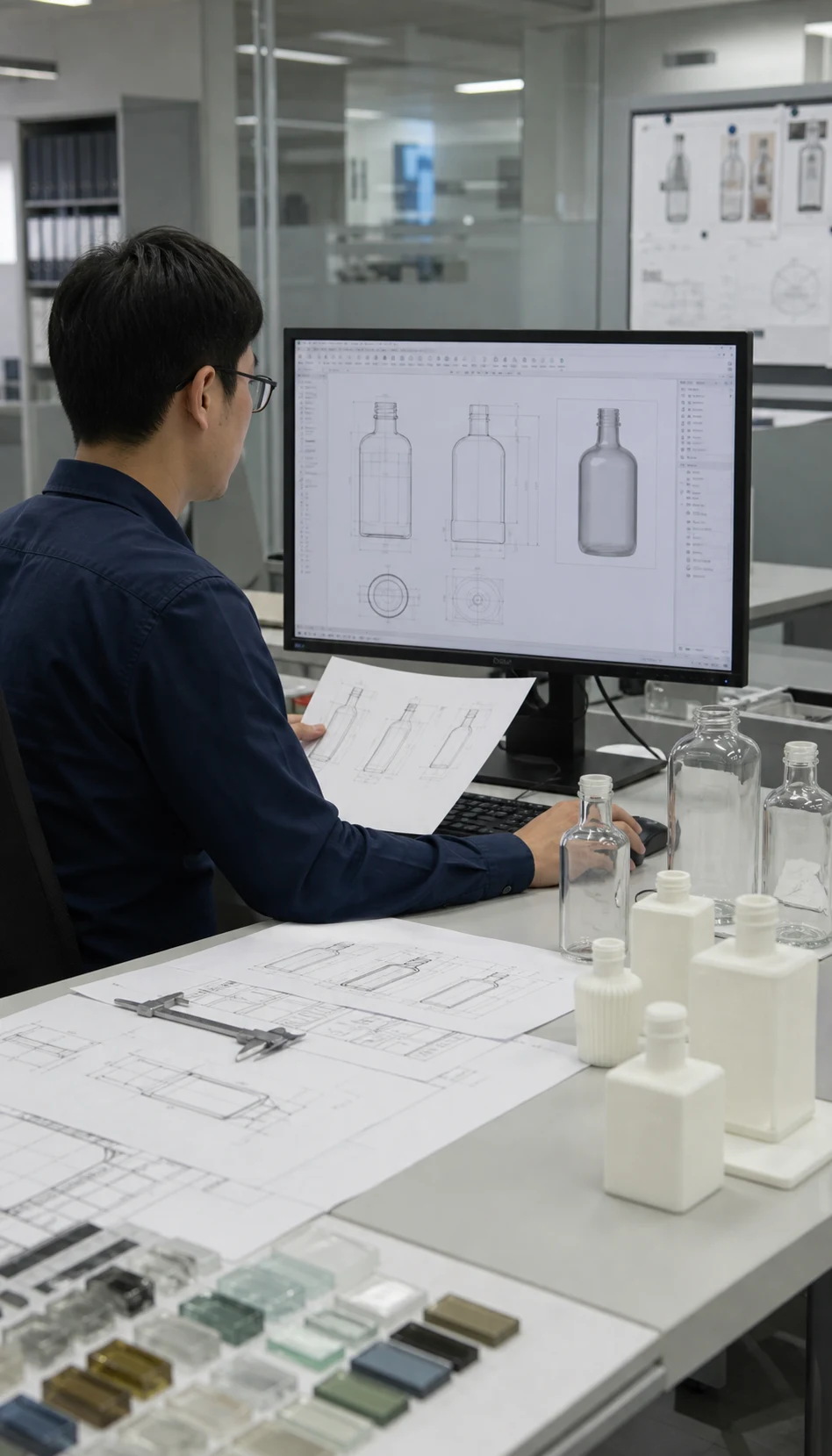 Engineer reviewing 2D and 3D glass bottle drawings with prototypes