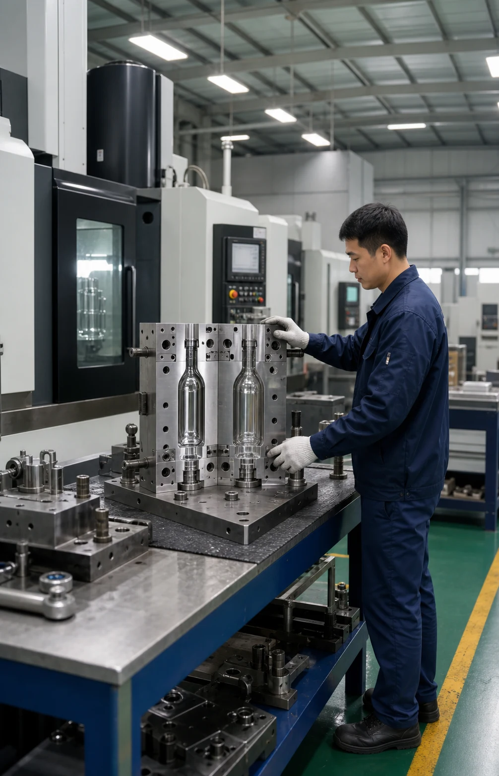 Technician inspecting custom glass bottle mold in machining workshop