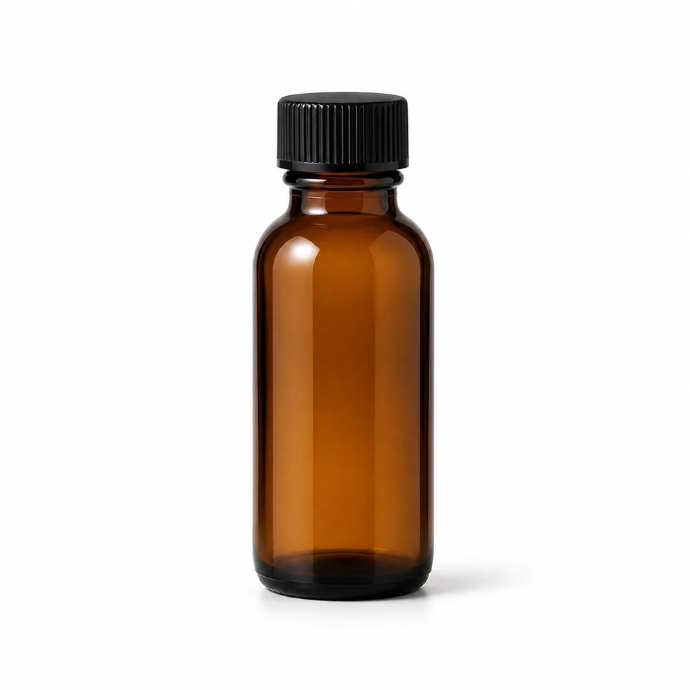 Amber Oral Liquid Glass Bottle with amber glass body and closure fit - front view