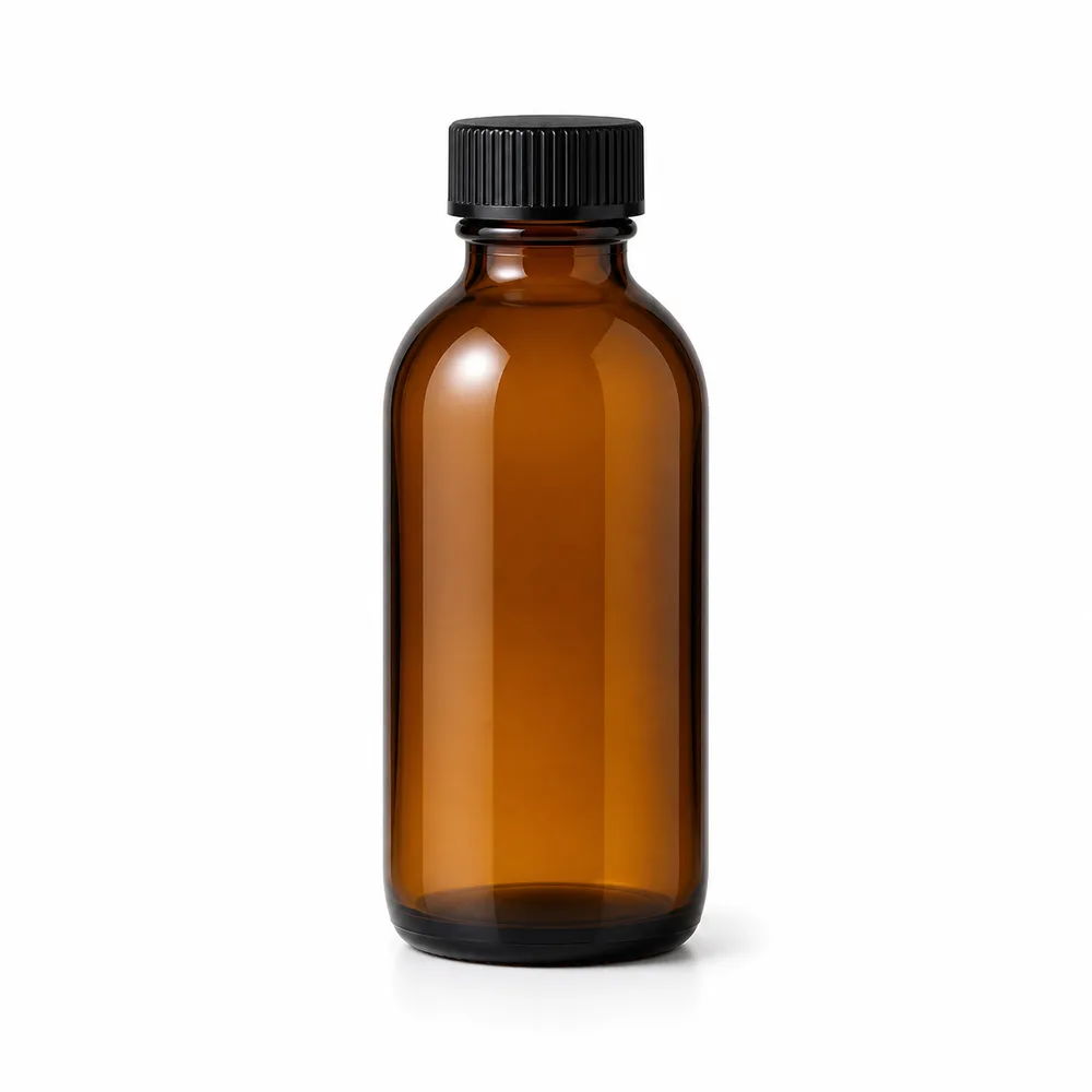 Amber Pharmaceutical Syrup Bottle with amber glass body and closure fit - front view