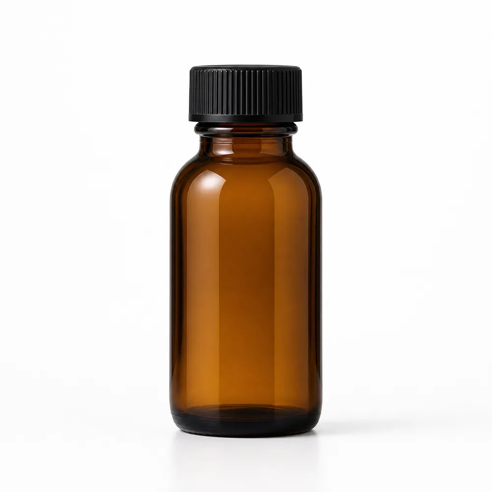 Amber Specialty Glass Bottle with amber glass body and closure fit - front view