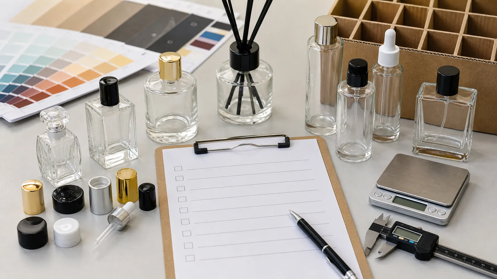 Glass bottle samples with closures, blank approval checklist, caliper, digital scale, color chips and carton divider