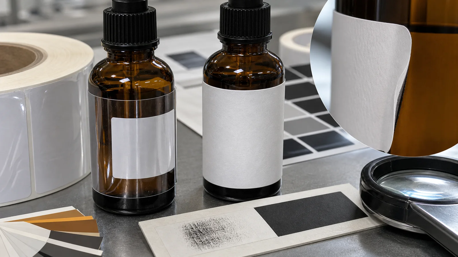 Amber glass bottles with clear film, opaque paper label and rubbed ink sample during label approval