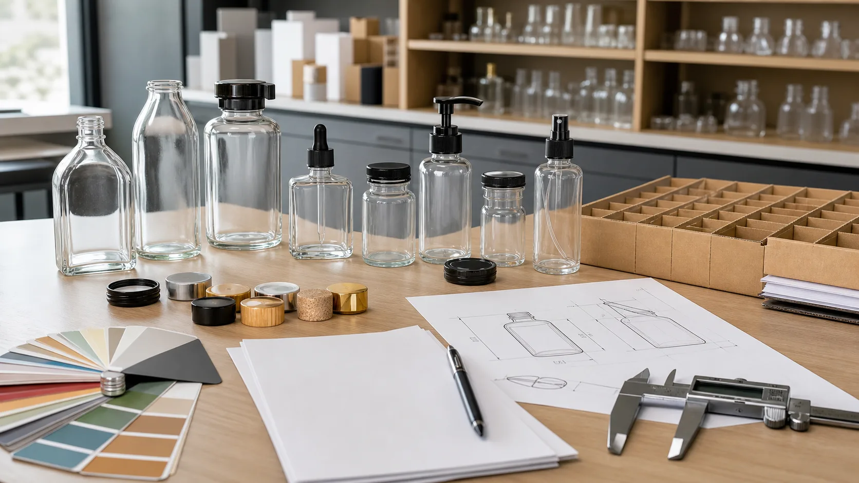 Custom glass bottles and jars arranged with closure samples, color chips, blank specification sheets, caliper and carton cells