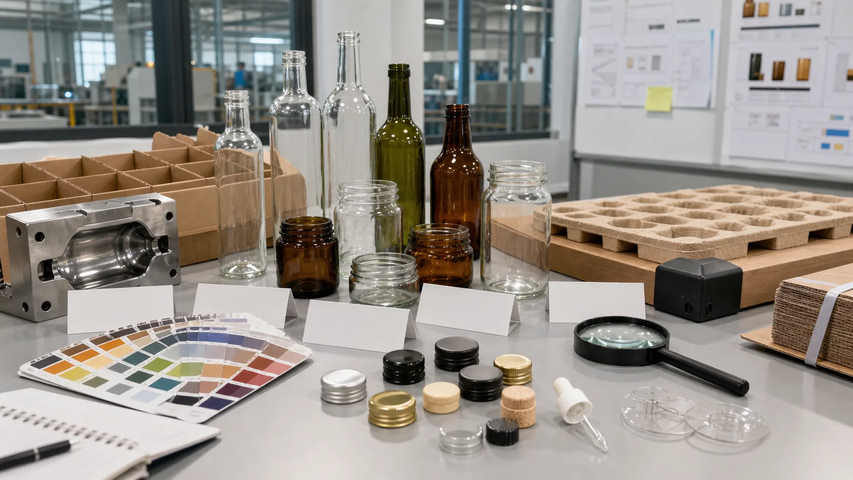 Glass packaging project table with bottles, jars, tooling block, color chips, closures, carton dividers and blank cost cards