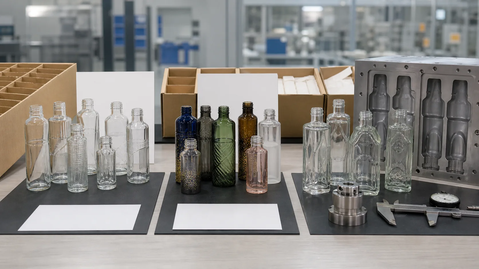 Stock glass bottles, decorated samples and mold trial bottles arranged with tooling insert, caliper and blank approval cards