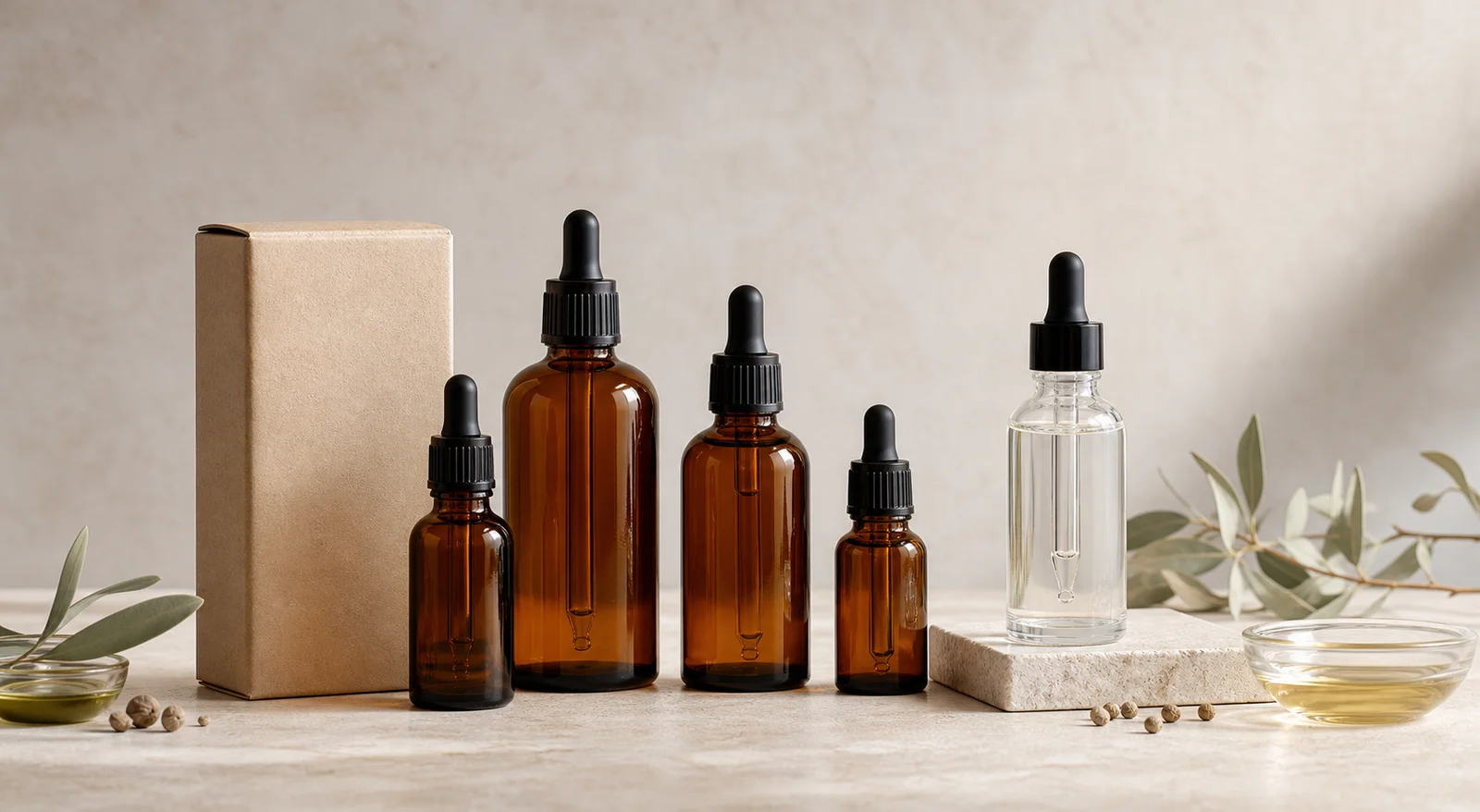 Amber dropper bottles in multiple sizes beside a clear serum bottle and protective carton