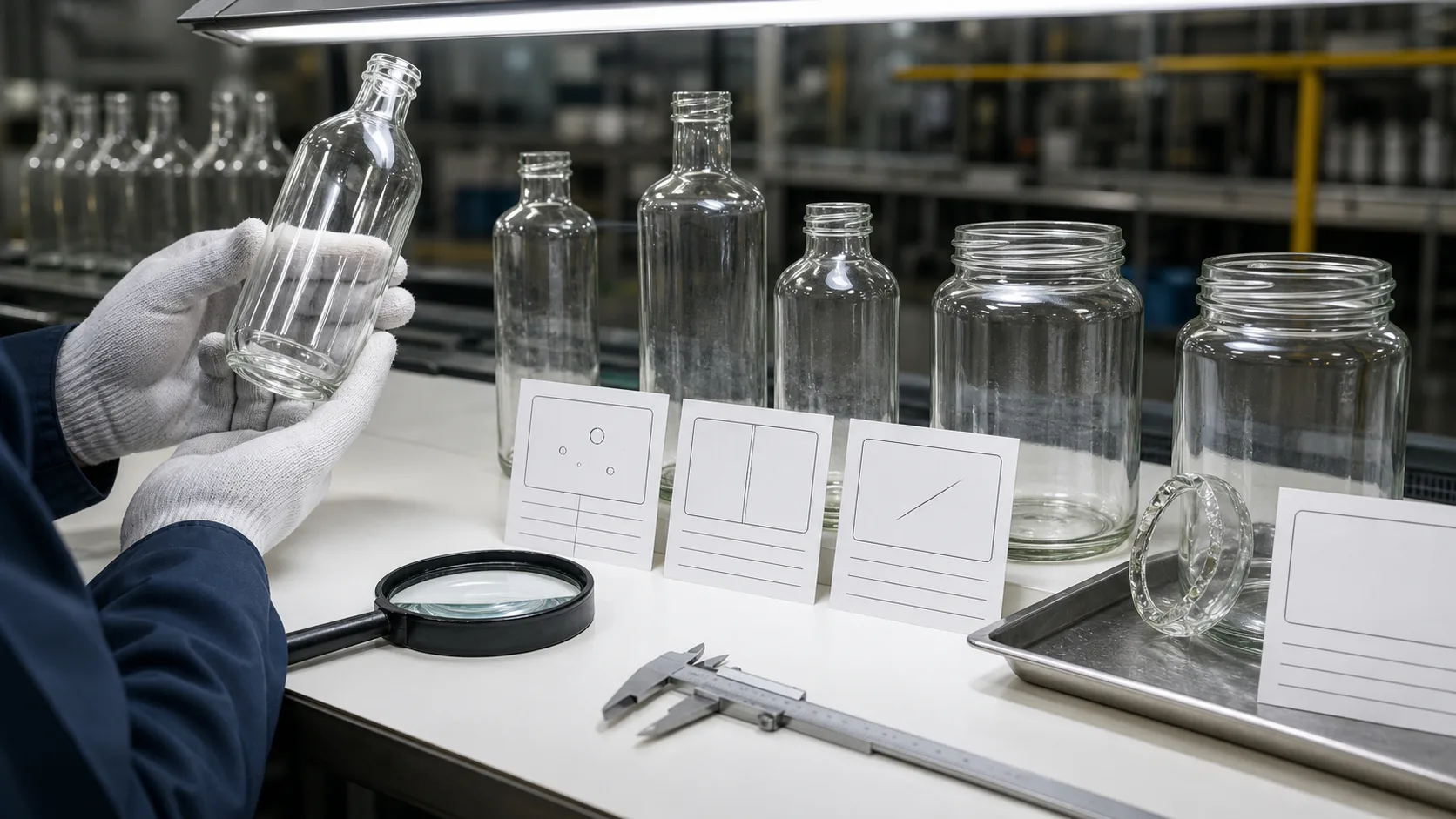 Glass bottle and jar defects inspected under light with magnifier, caliper, blank defect cards and separated rim sample