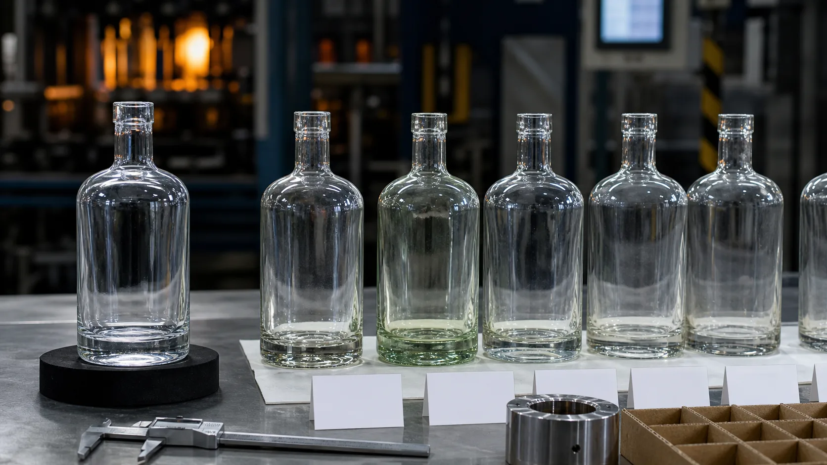 Reference glass bottle compared with mass production bottles showing subtle tint and wall differences beside blank cards