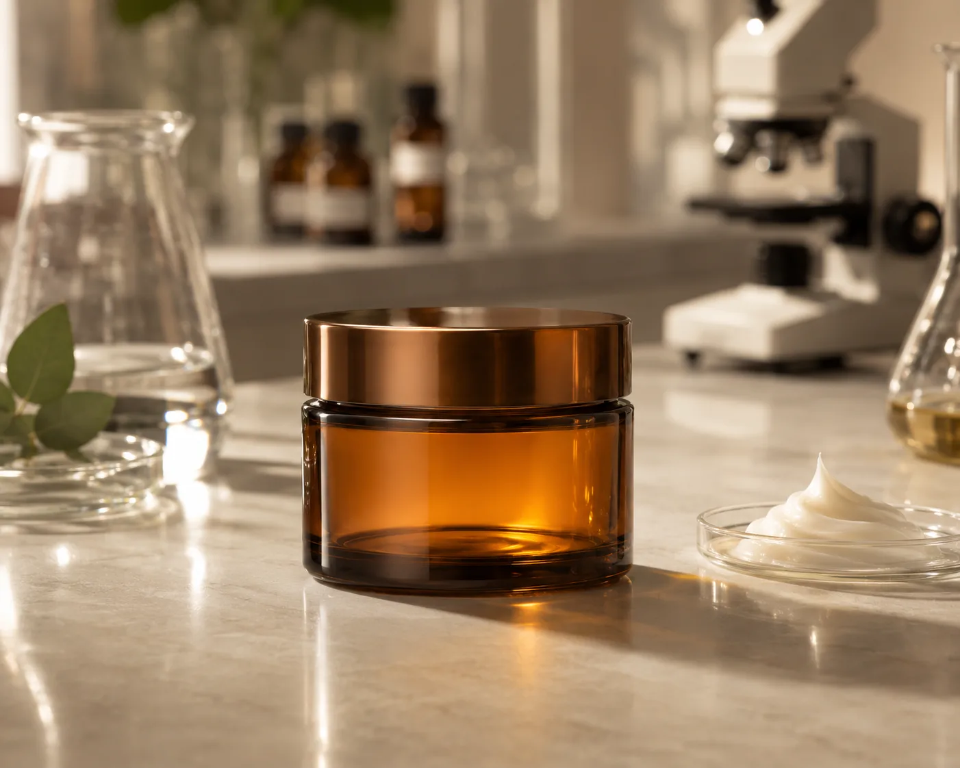 Pot à crème en verre ambré dans une présentation d'emballage en verre ambré pour crèmes et baumes.