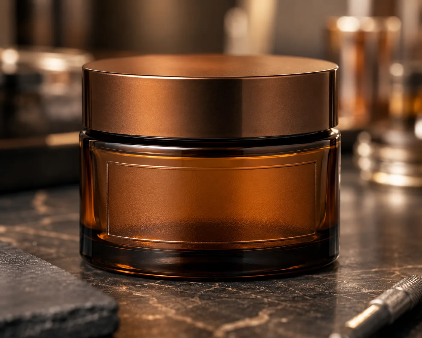 Pot à crème en verre ambré dans une présentation coordonnée de produits en verre ambré.