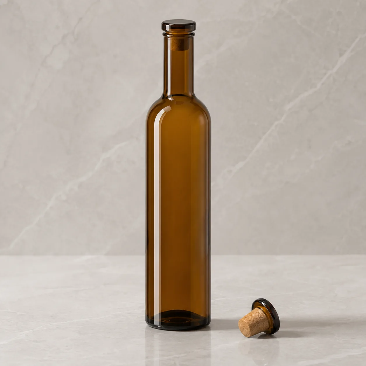 Angled side view of Amber Glass Dorica Oil Bottle showing the outer profile