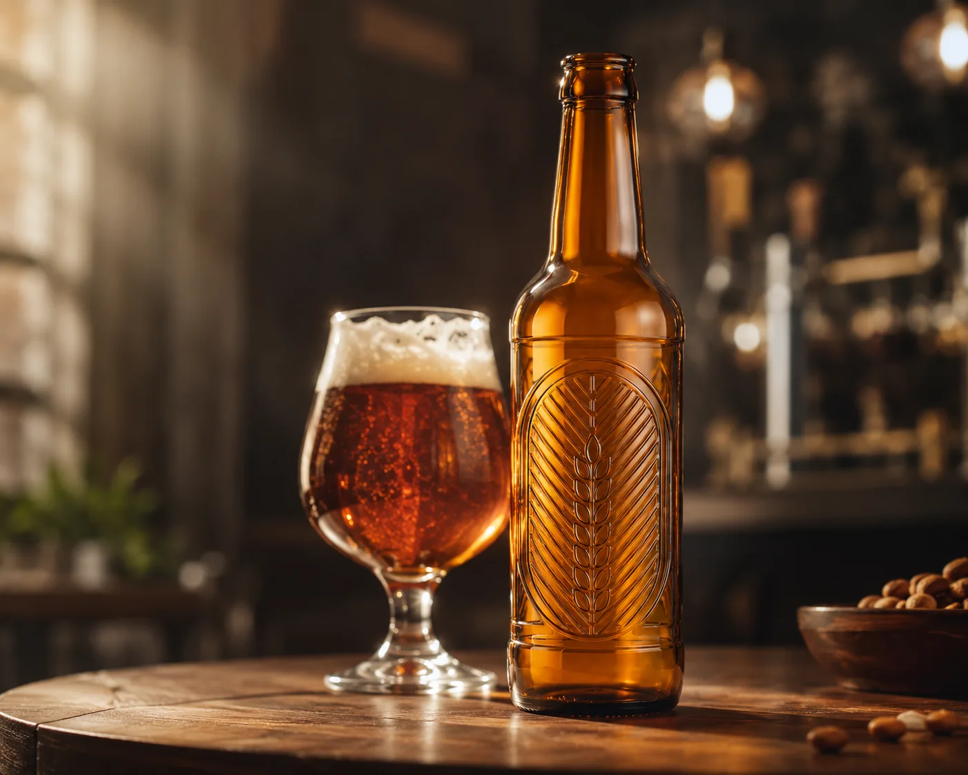 Bouteille de boisson en verre ambré gaufrée dans un présentoir d'emballage en verre ambré pour bière et cidre.
