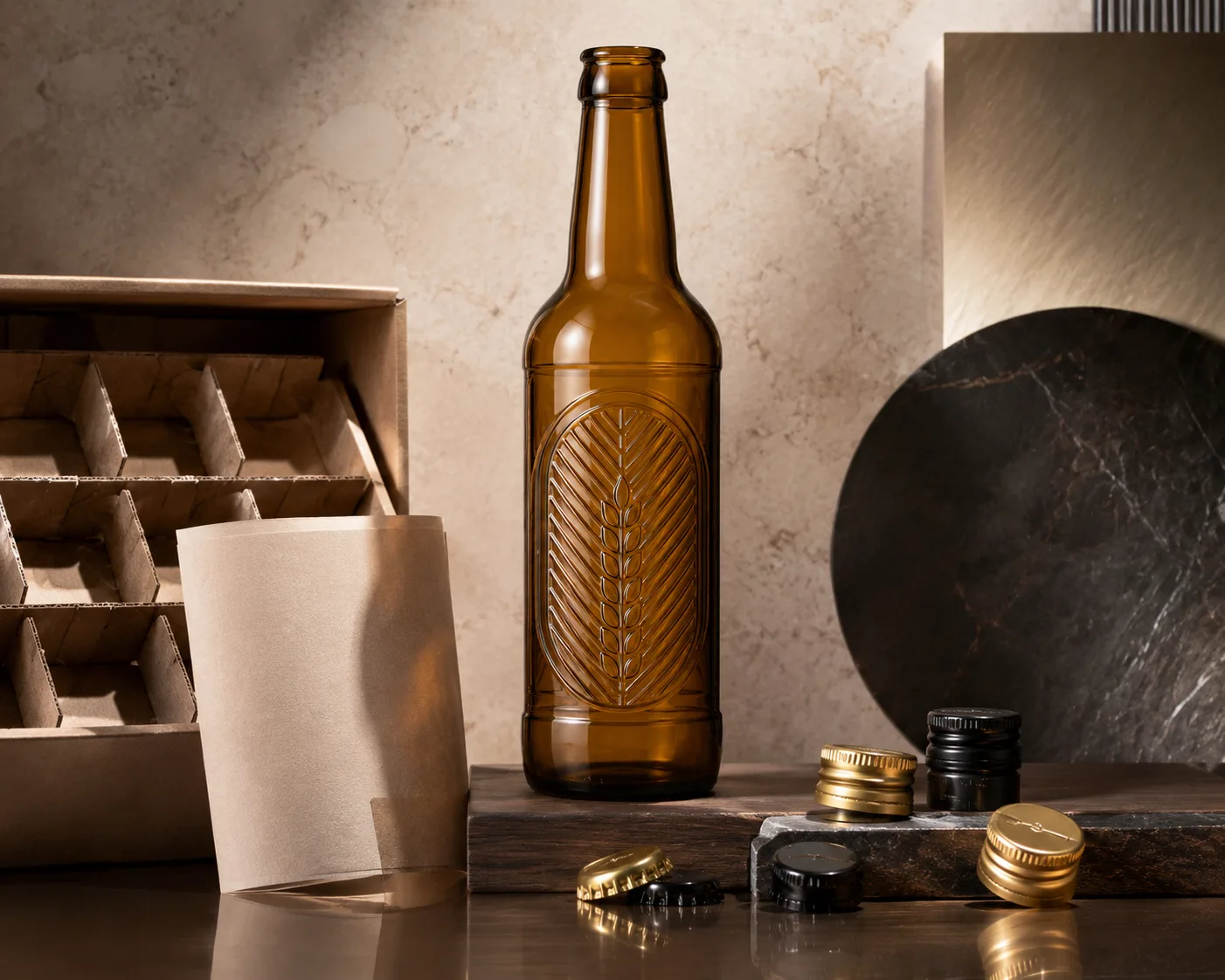 Bouteille de boisson en verre ambré gaufrée dans une vue secondaire mettant en évidence la zone d'étiquette et la couleur du verre ambré.