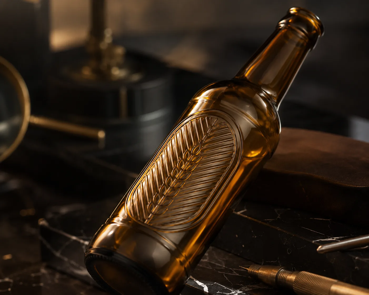 Bouteille de boisson en verre ambré gaufrée dans une présentation coordonnée de produits en verre ambré.