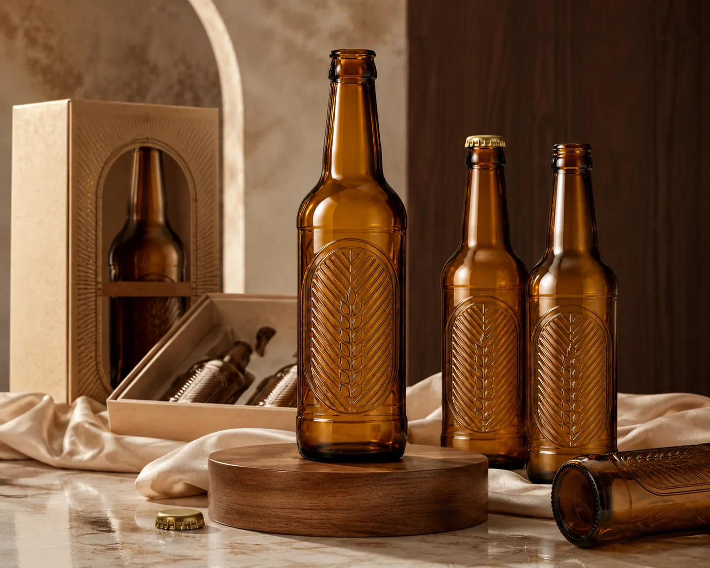 Gros plan de la bouteille de boisson en verre ambré gaufrée montrant l'épaule, la base et la finition du verre.