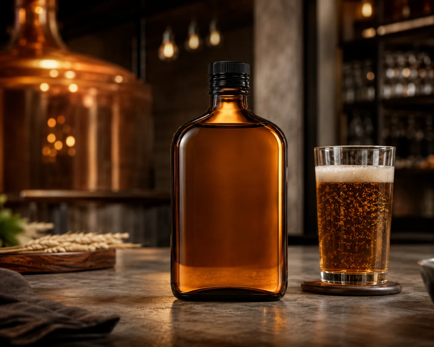 Bouteille de boisson en verre ambré de type flacon dans un présentoir d'emballage en verre ambré pour boissons spéciales et programmes de boissons en marque privée.