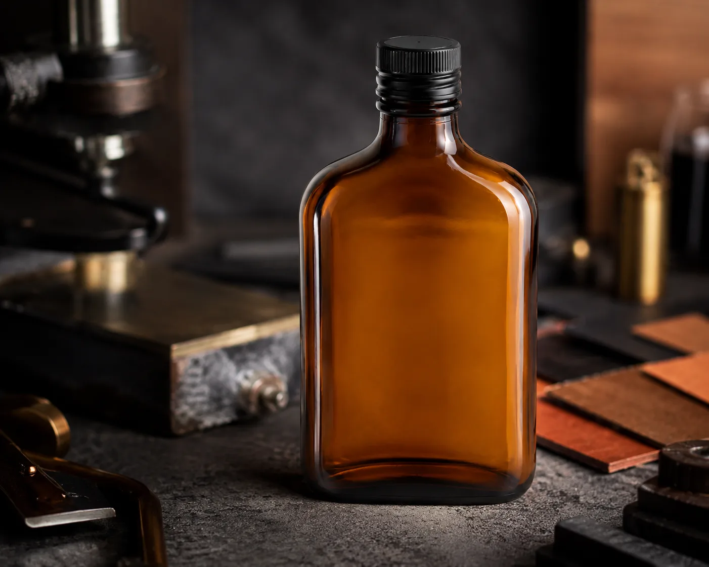 Bouteille de boisson en verre ambré de type flacon dans une présentation coordonnée de produits en verre ambré.