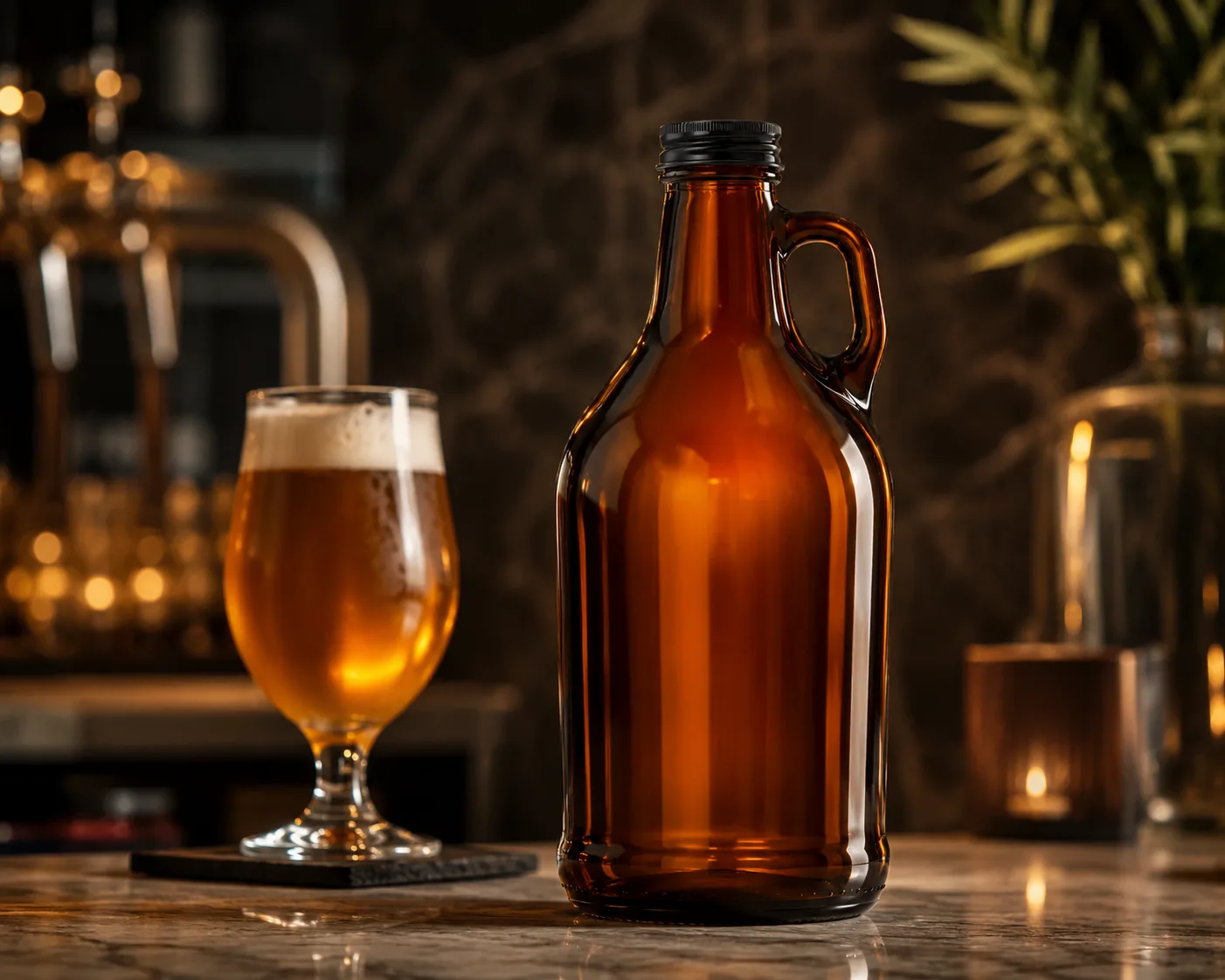 Bouteille Growler en verre ambré dans un présentoir d'emballage en verre ambré pour bière et kombucha.