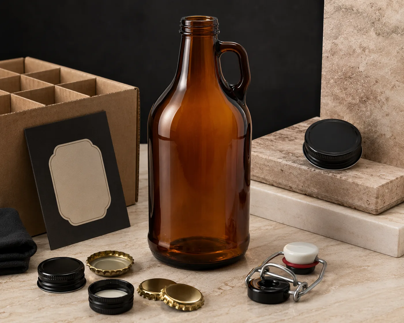 Bouteille Growler en verre ambré dans une vue secondaire mettant en valeur la zone d'étiquette et la couleur du verre ambré.