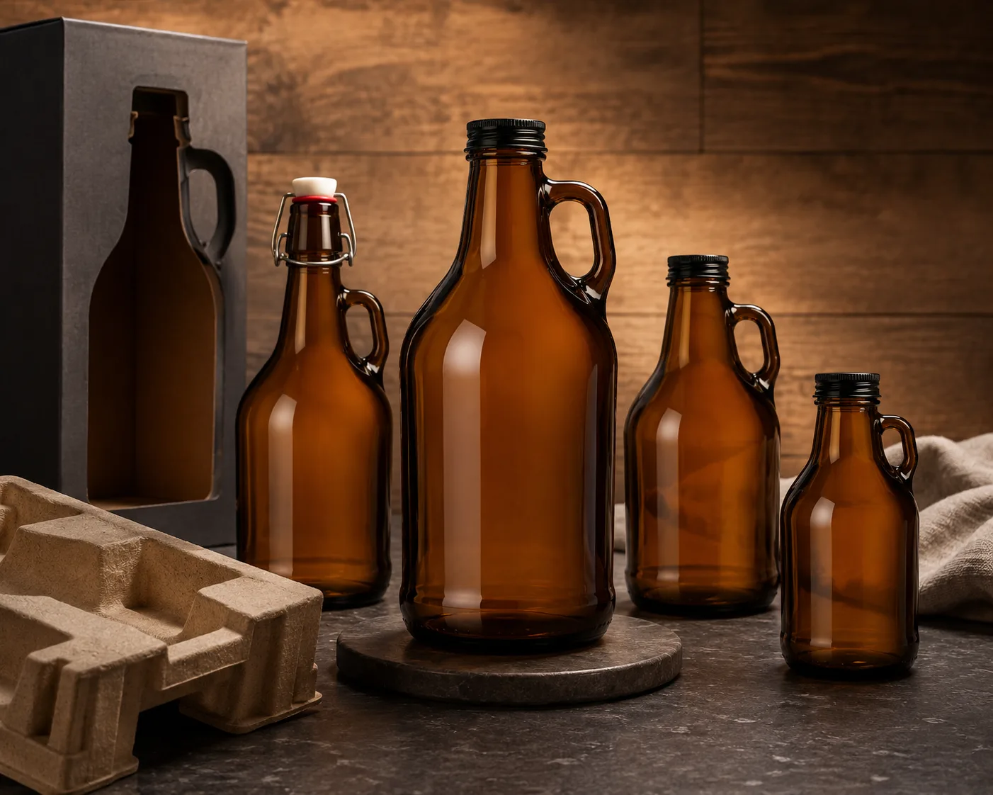Gros plan de la bouteille Growler en verre ambré montrant l'épaule, la base et la finition du verre.