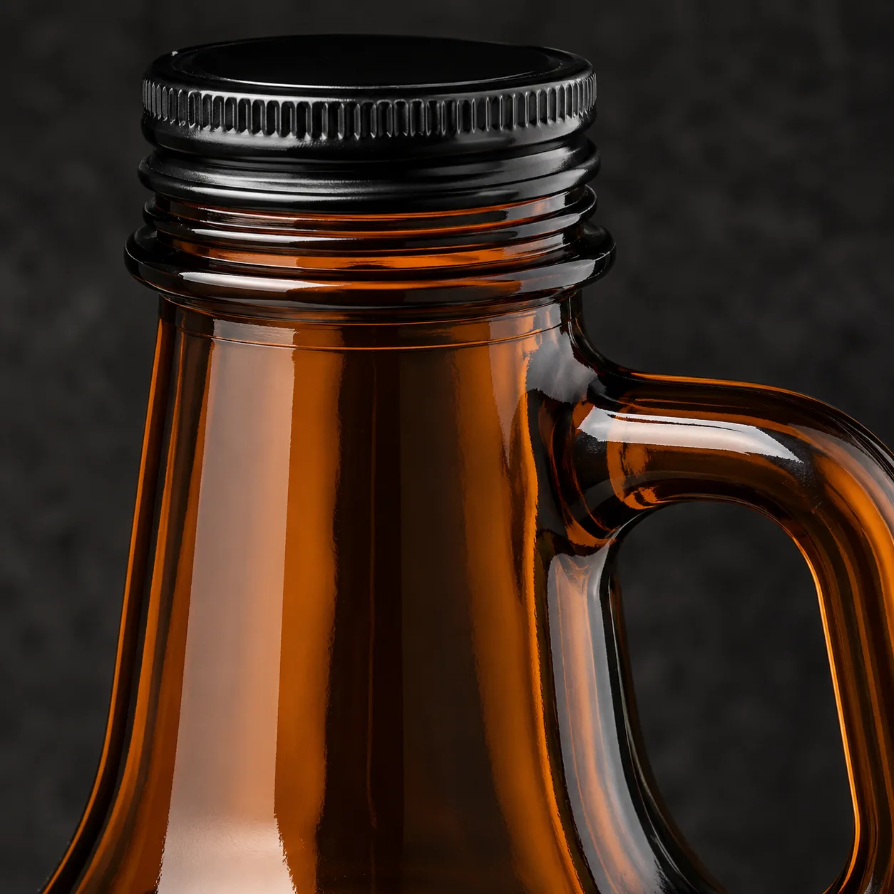 Close view of Amber Glass Growler Bottle showing closure area and print / coat / label