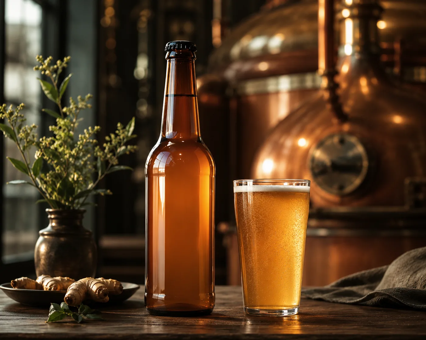 Bouteille de kombucha en verre ambré dans un présentoir d'emballage en verre ambré pour kombucha et boissons fermentées.