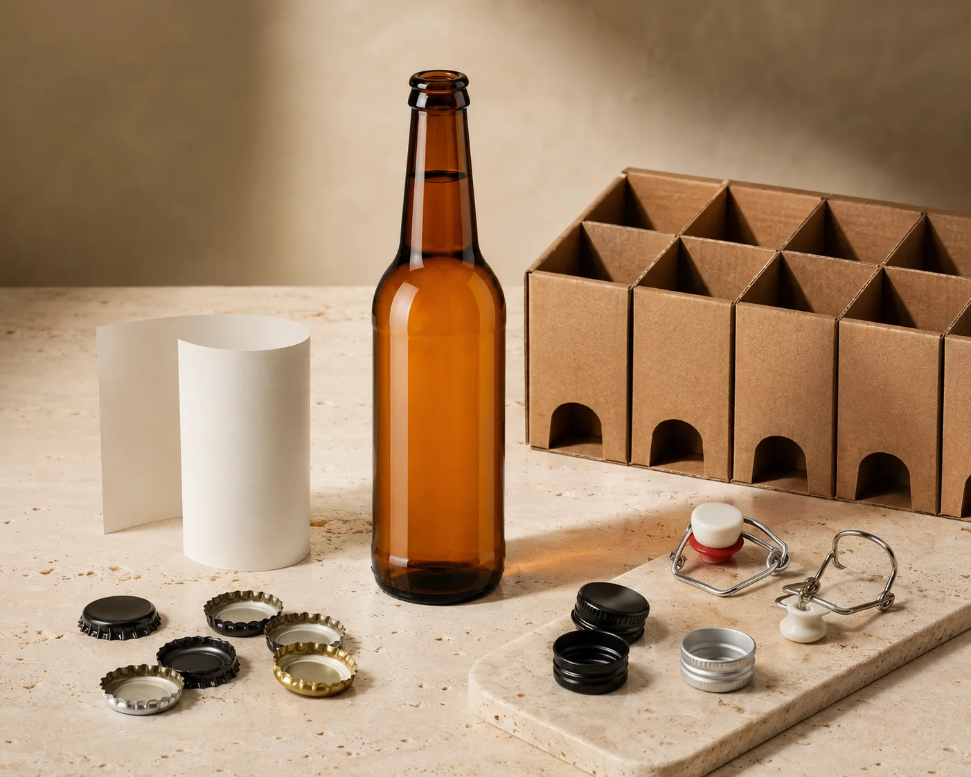 Bouteille de kombucha en verre ambré dans une vue secondaire mettant en évidence la zone d'étiquette et la couleur du verre ambré.