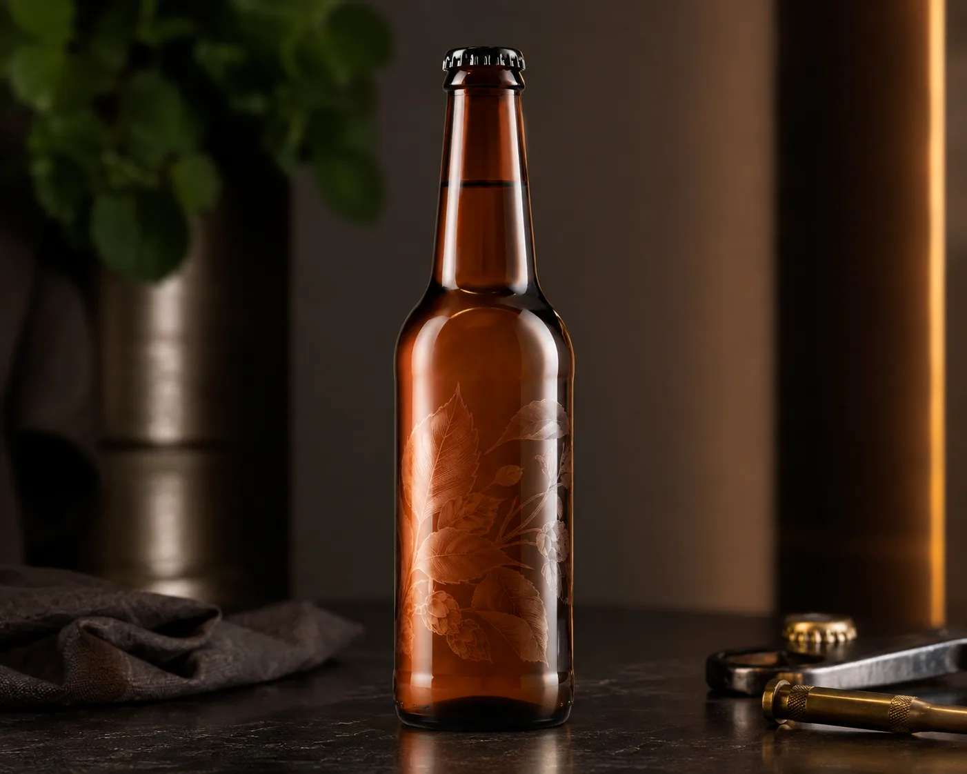 Bouteille de kombucha en verre ambré dans une présentation coordonnée de produits en verre ambré.