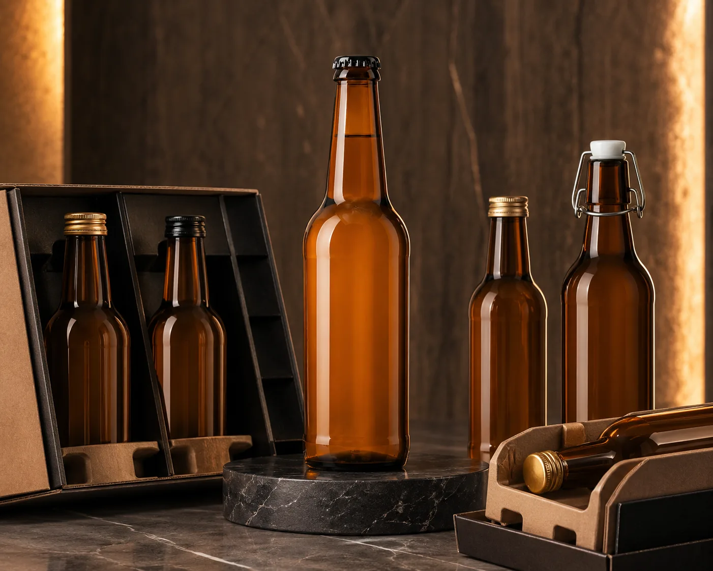 Gros plan de la bouteille de kombucha en verre ambré montrant l'épaule, la base et la finition du verre.