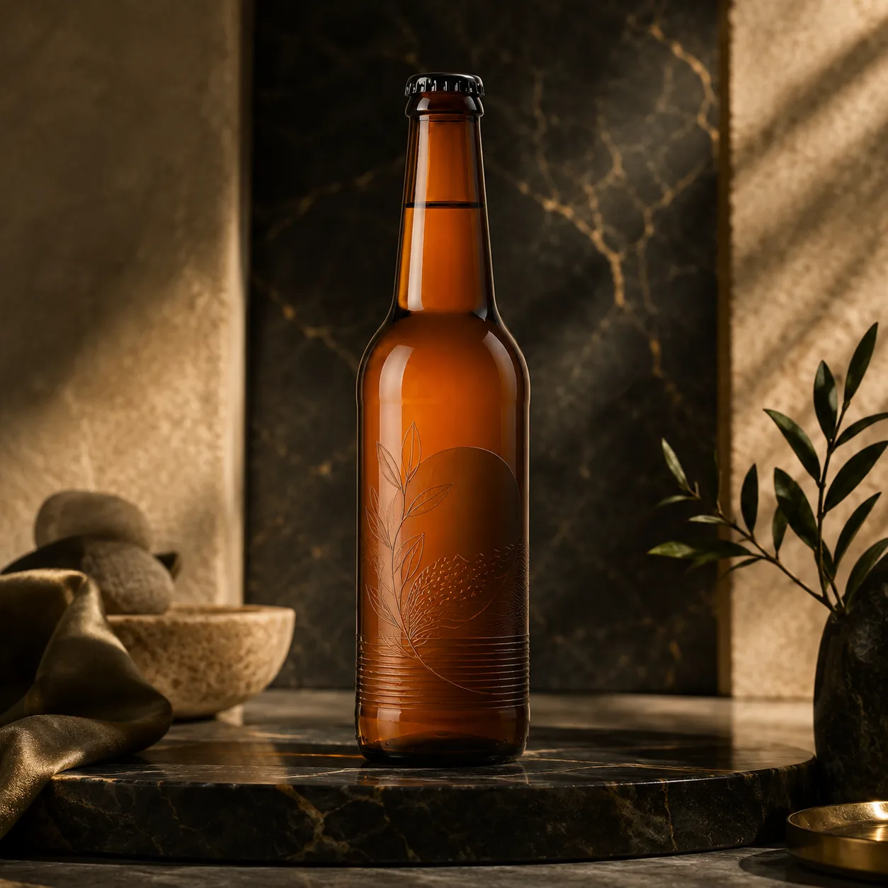 Amber Glass Kombucha Bottle closure, neck finish and base detail