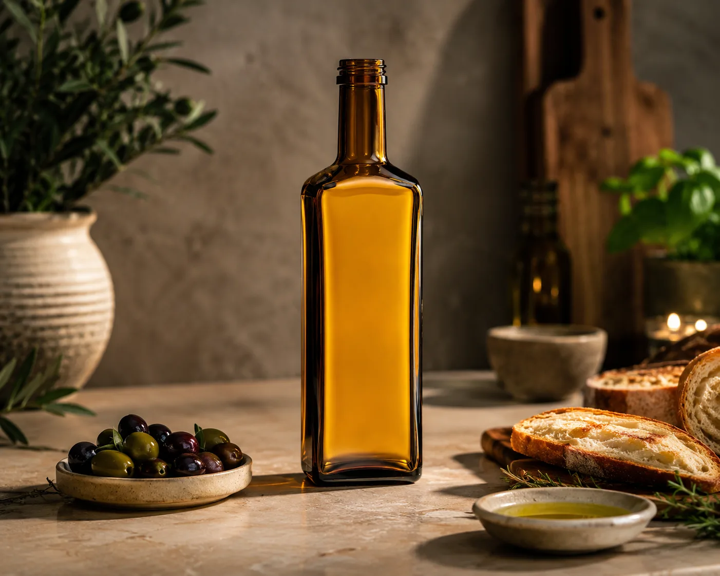 Amber Glass Marasca Oil Bottle in einer Amber-Glas-Verpackungspräsentation für Öle und Extrakte.