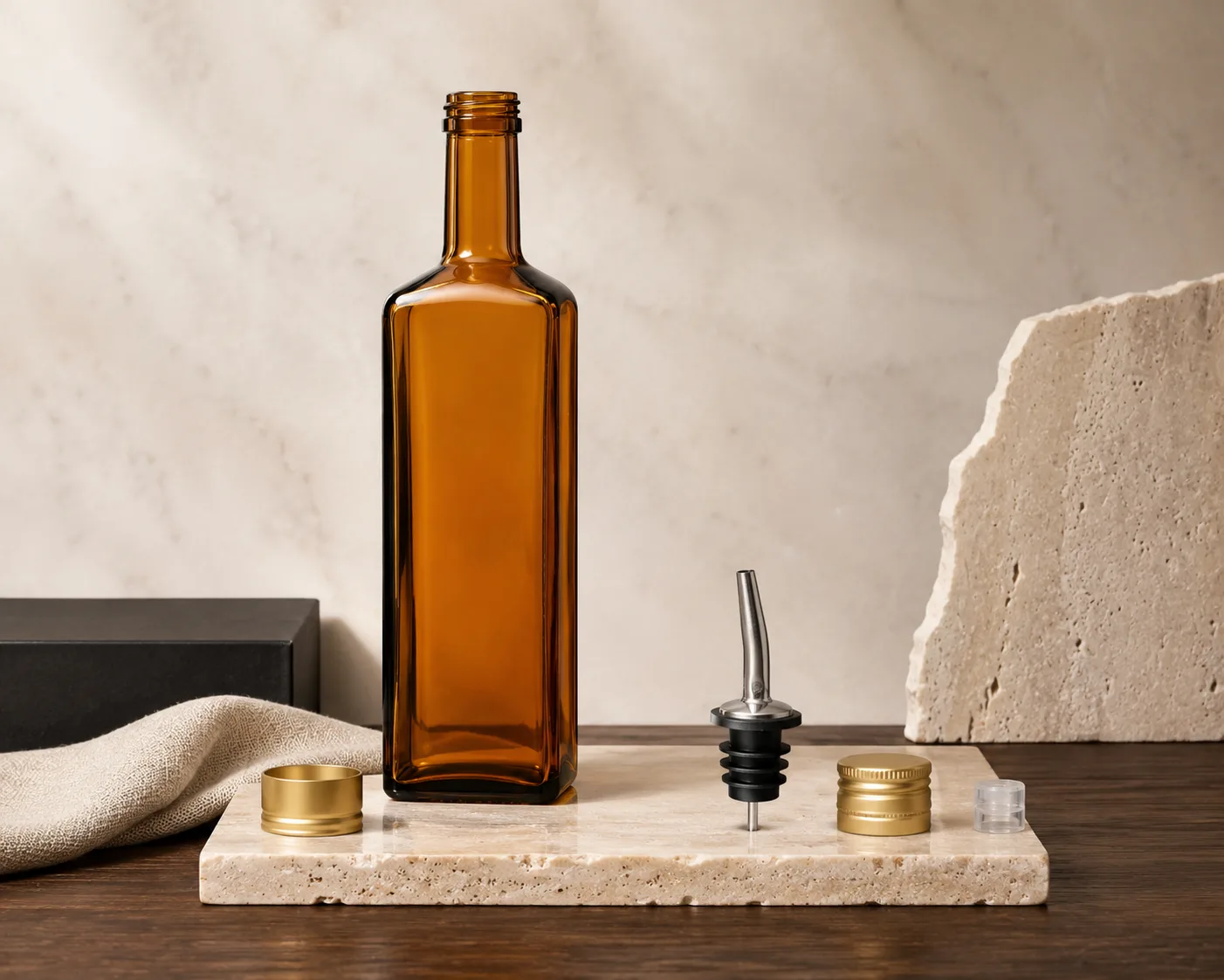 Amber Glass Marasca Oil Bottle in einer Sekundäransicht mit Hervorhebung des Etikettenbereichs und der Amber-Glasfarbe.