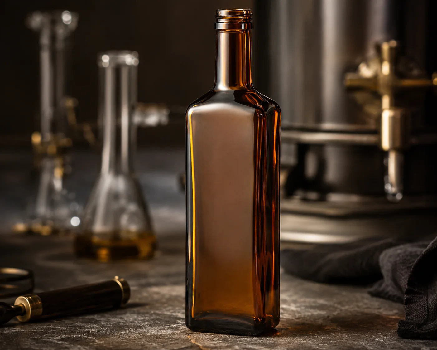 Amber Glass Marasca Oil Bottle in einer koordinierten Amber-Glas-Produktpräsentation.