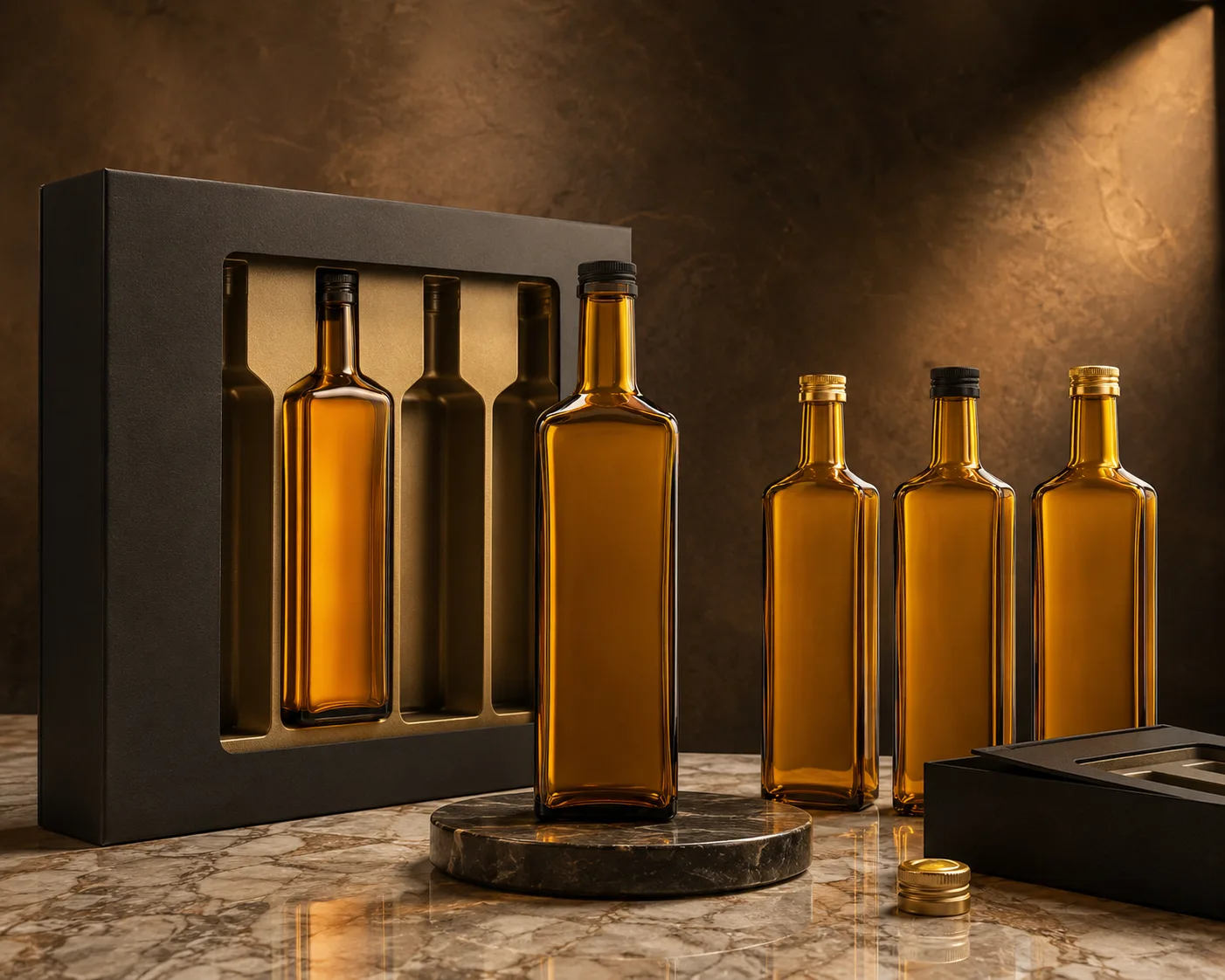 Nahaufnahme der Amber Glass Marasca Oil Bottle mit Schulter, Boden und Glasoberfläche.
