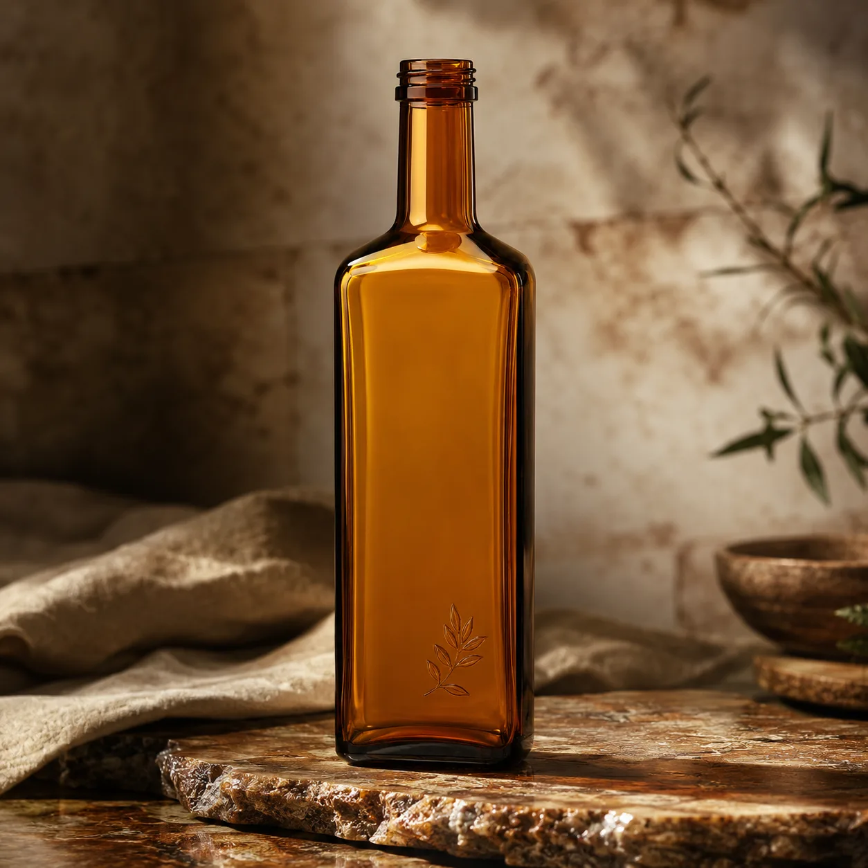 Amber Glass Marasca Oil Bottle closure, neck finish and base detail