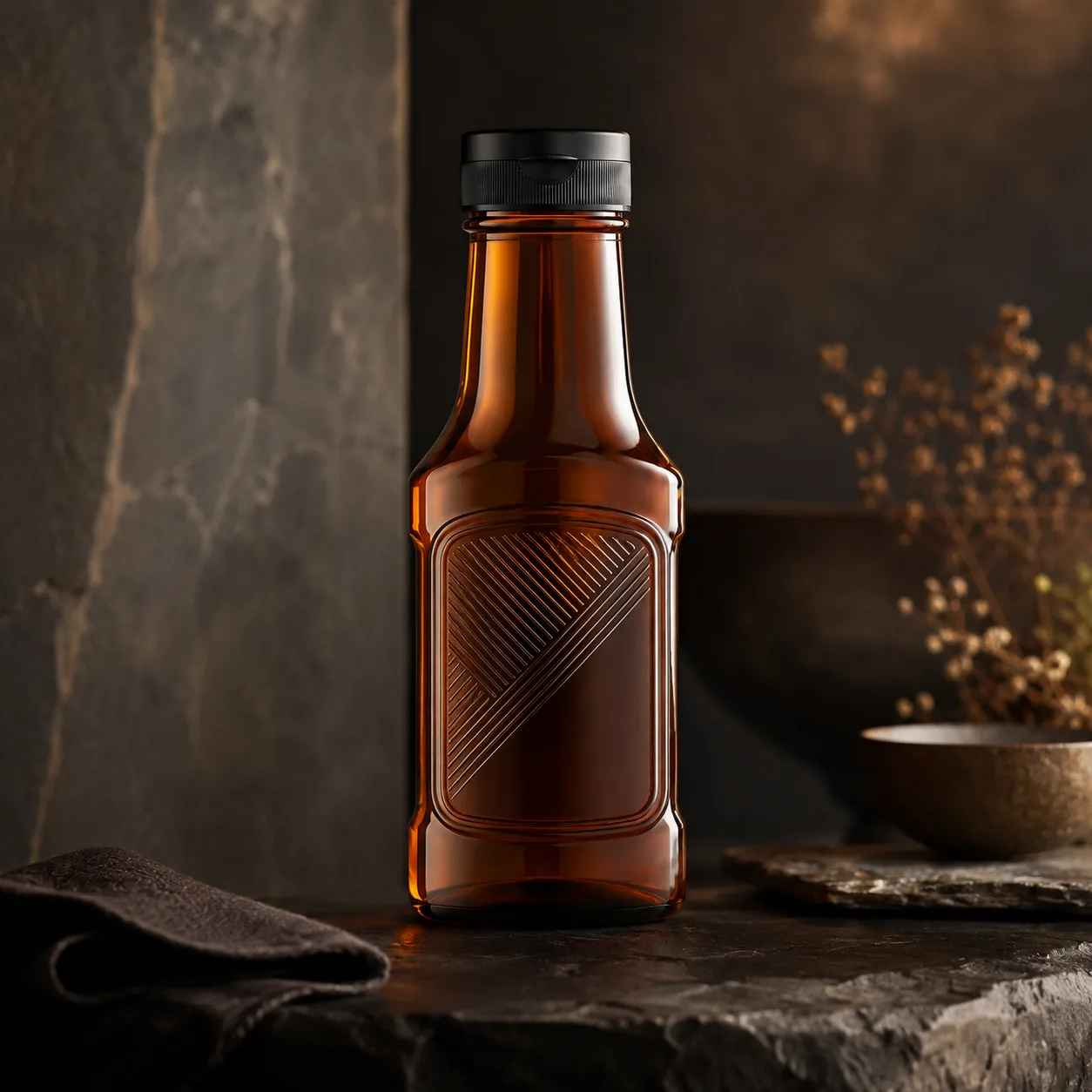 Amber Glass Sauce Bottle closure, neck finish and base detail