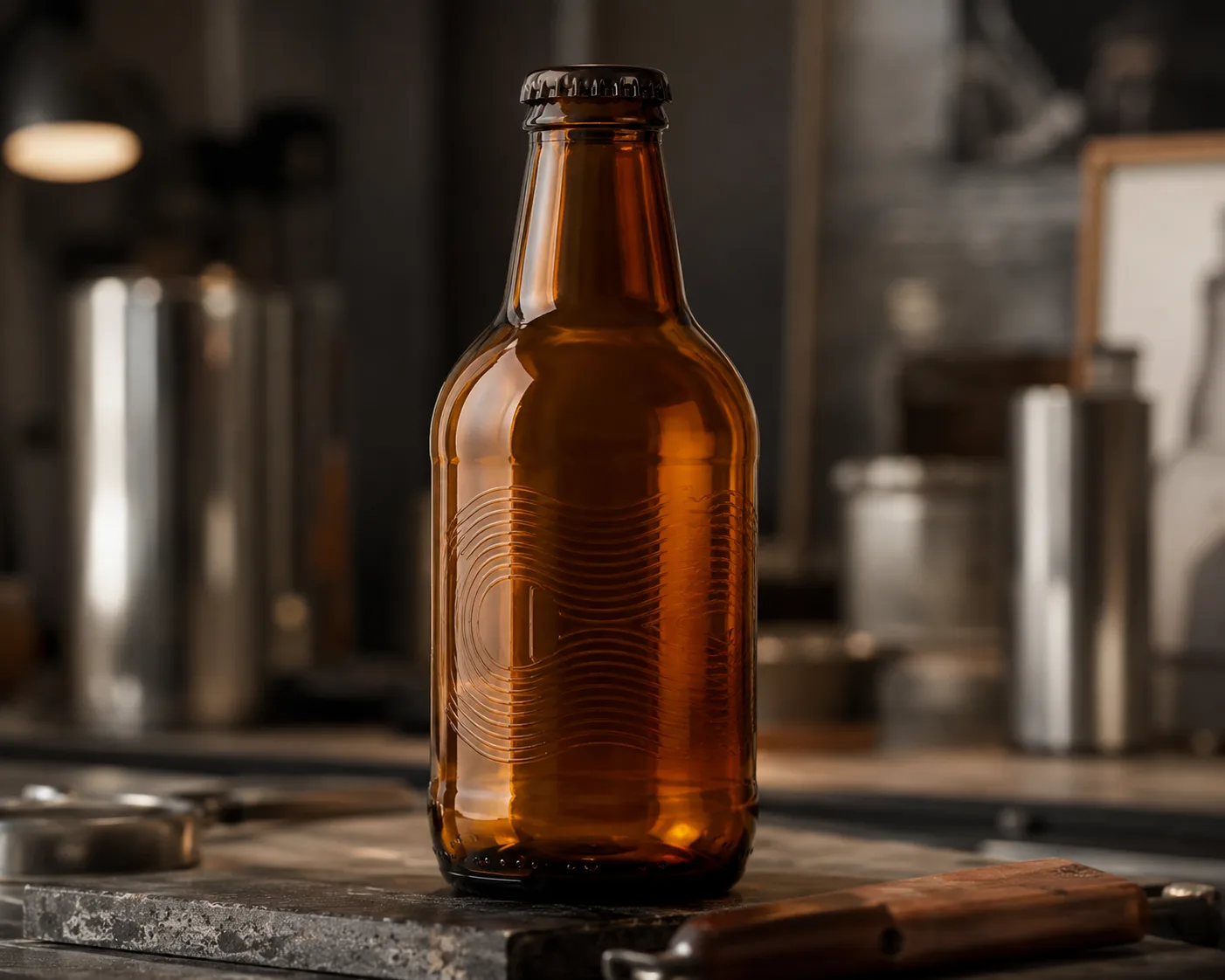 Botella de Cerveza Stubby de Vidrio Ámbar en una presentación coordinada de Productoos de vidrio ámbar.