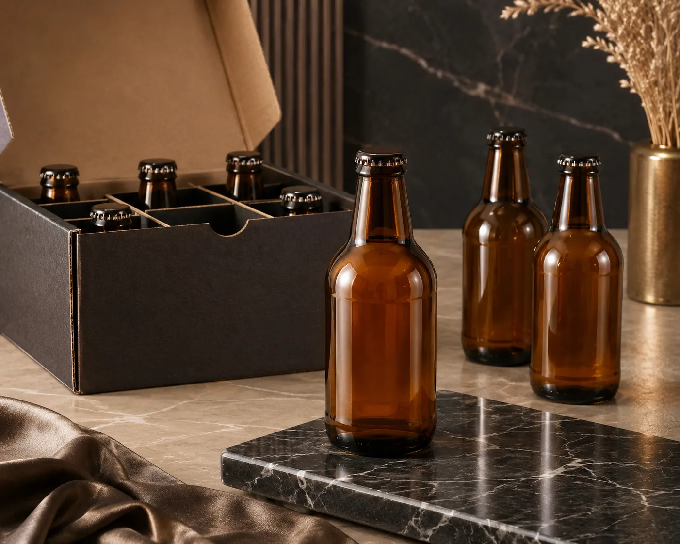 Primer plano de Botella de Cerveza Stubby de Vidrio Ámbar mostrando el hombro, la base y el acabado del vidrio.