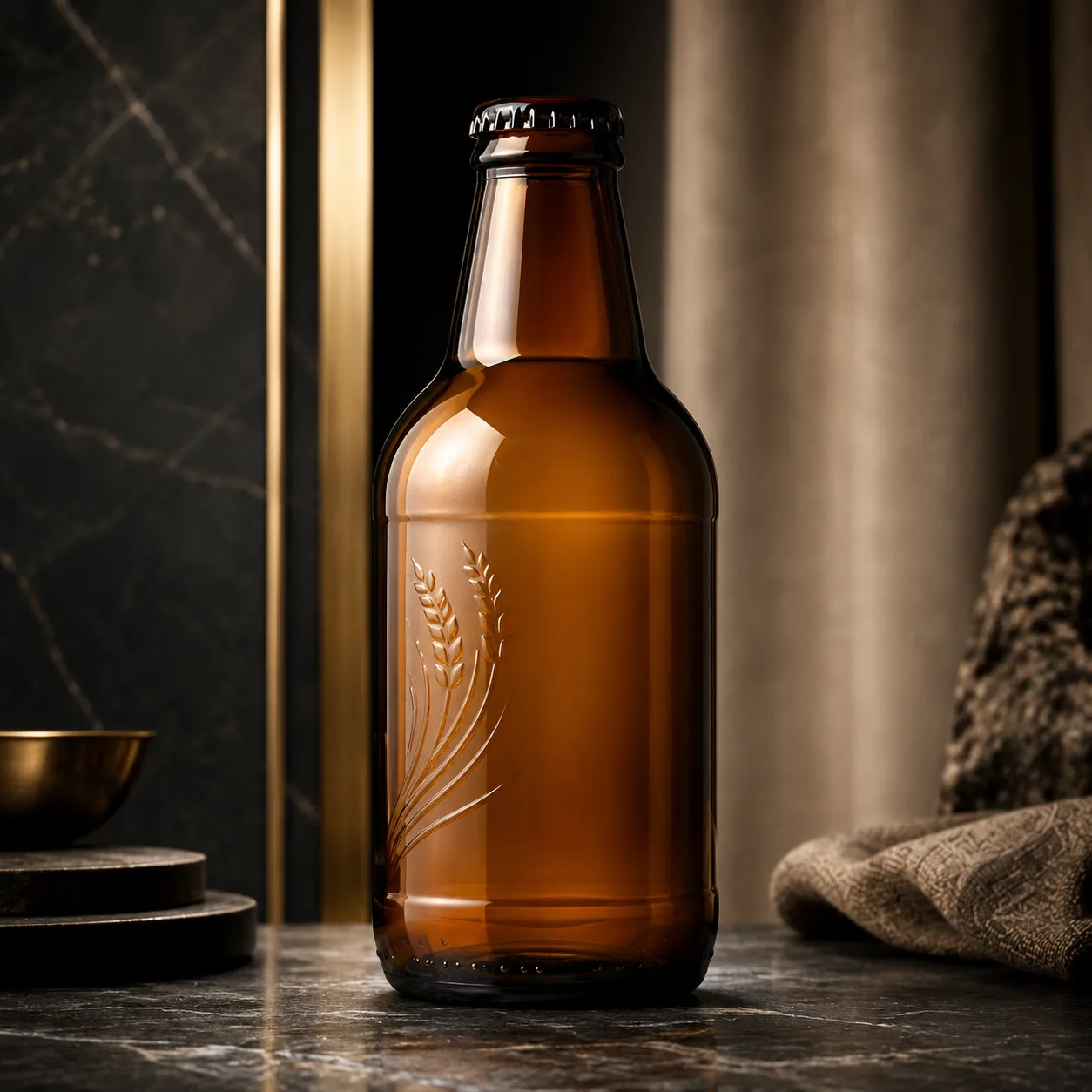 Amber Glass Stubby Beer Bottle closure, neck finish and base detail