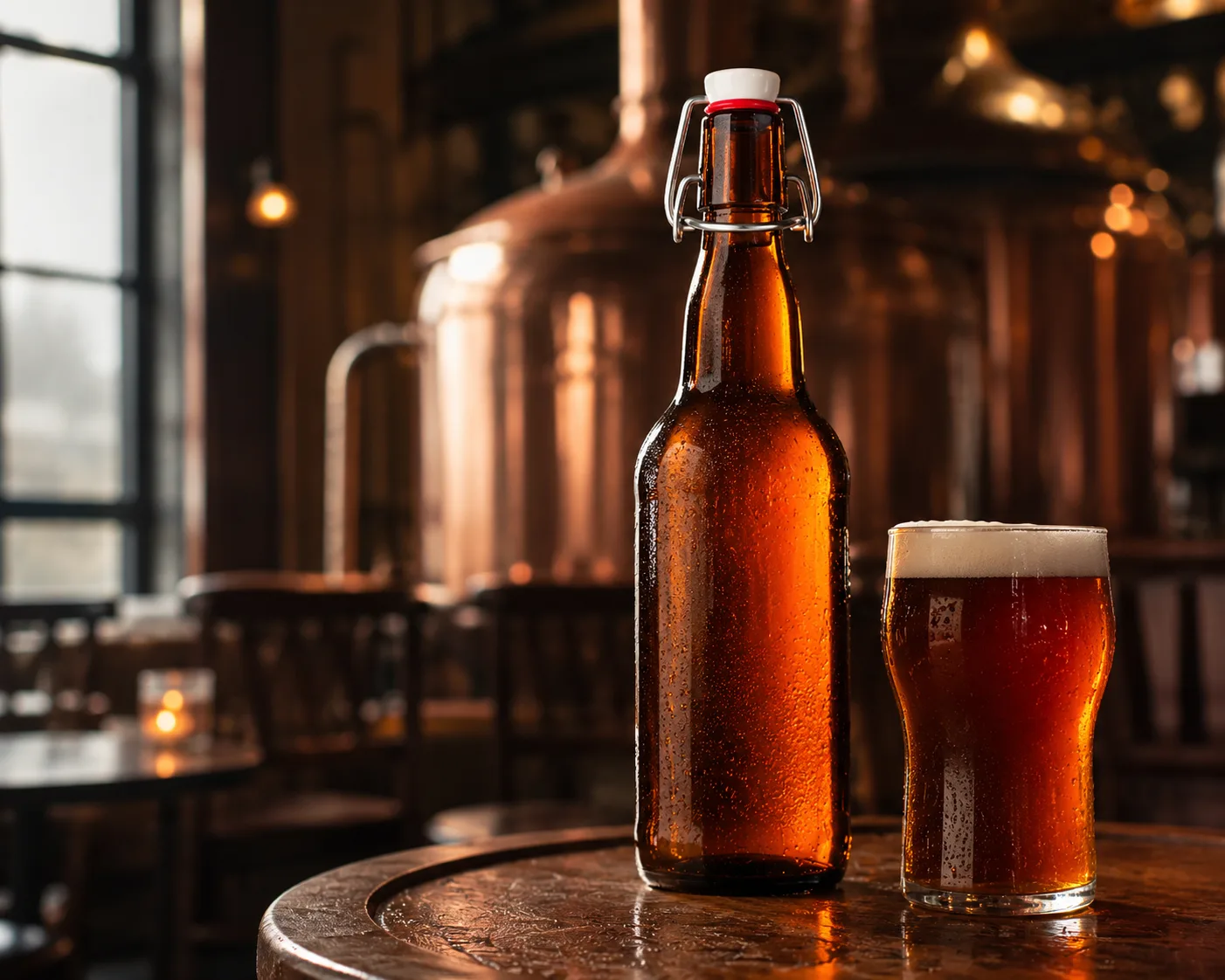 Garrafa de Bebida de Vidro Âmbar com Tampa de Pressão em uma exibição de embalagem de vidro âmbar para cerveja e kombucha.