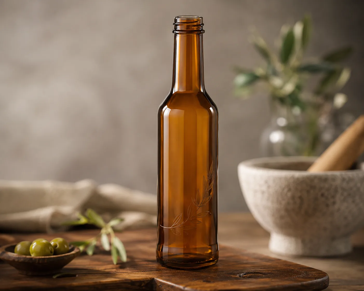 Garrafa de Vinagre de Vidro Âmbar em uma apresentação coordenada de produtos de vidro âmbar.