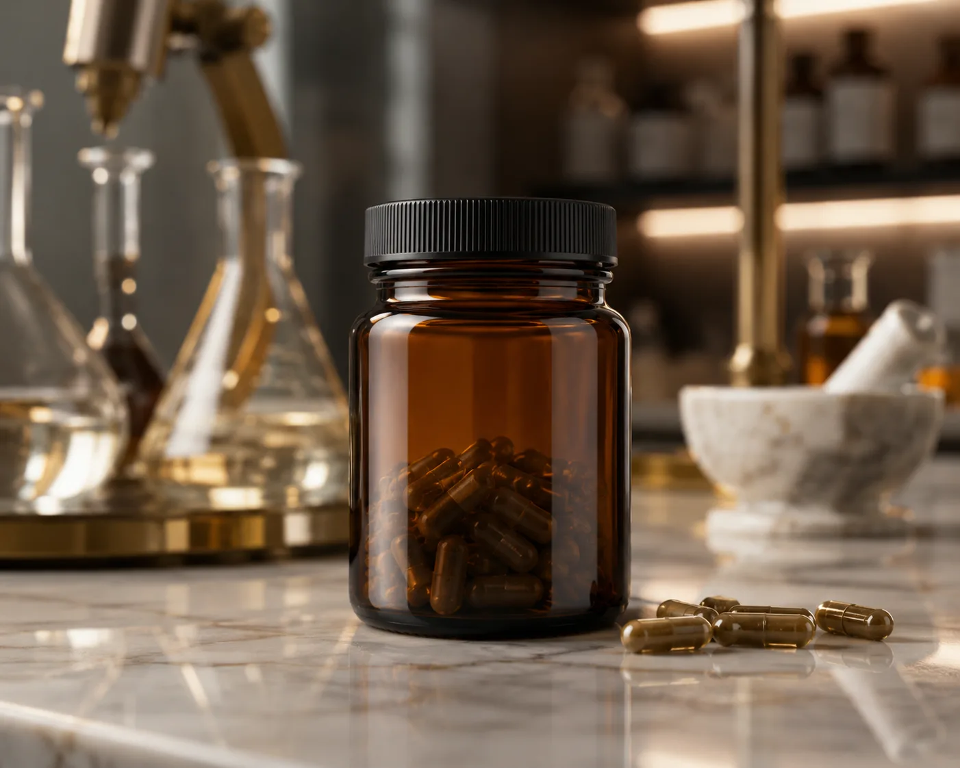 Pot en verre ambré pour compléments alimentaires dans un présentoir d'emballage en verre ambré pour compléments et comprimés.