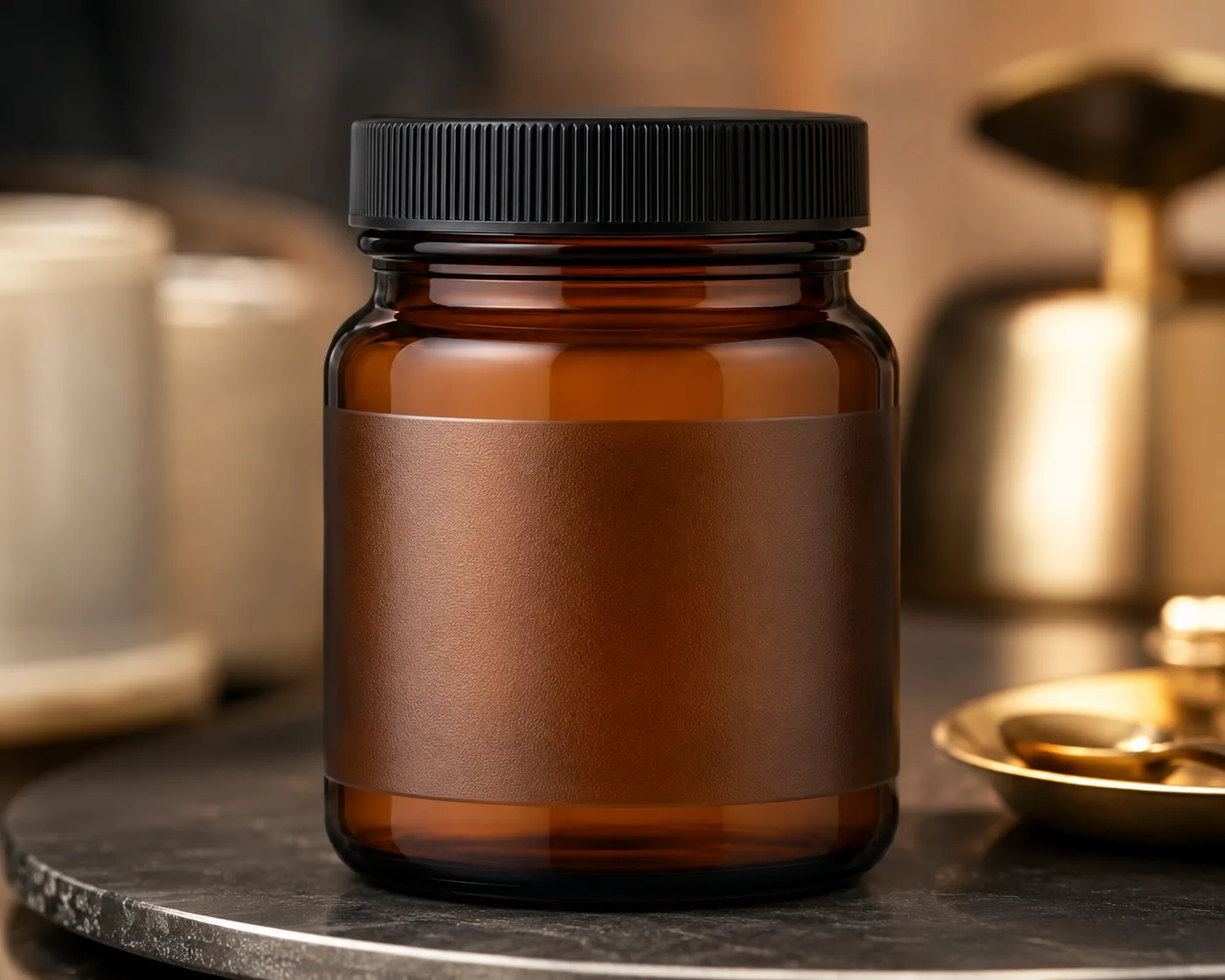 Pot en verre ambré pour compléments alimentaires dans une présentation coordonnée de produits en verre ambré.
