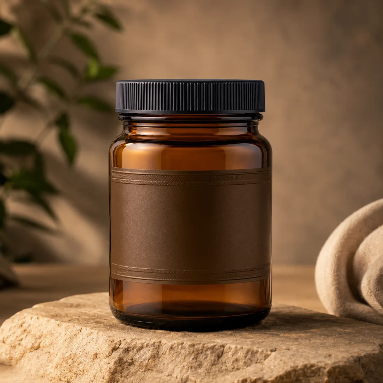 Detail view of Amber Glass Wide-Mouth Jar showing lid matched to selected jar model