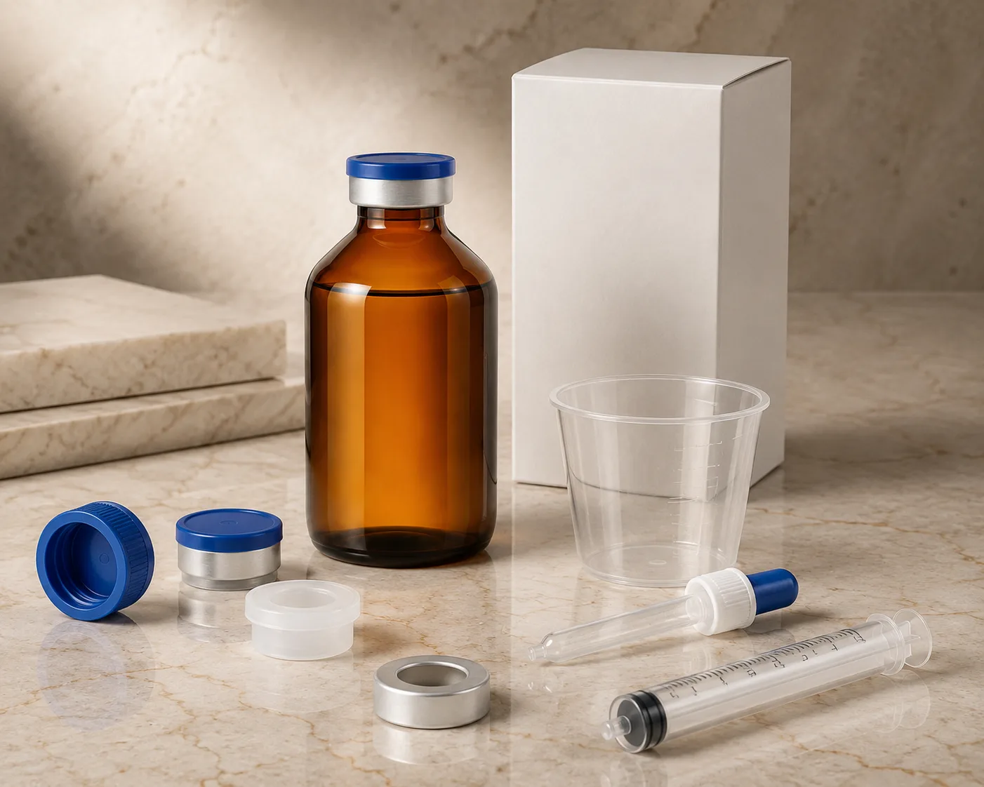 Frasco de Vidro Âmbar para Medicamento Veterinário em uma vista secundária destacando a área do rótulo e a cor do vidro âmbar.