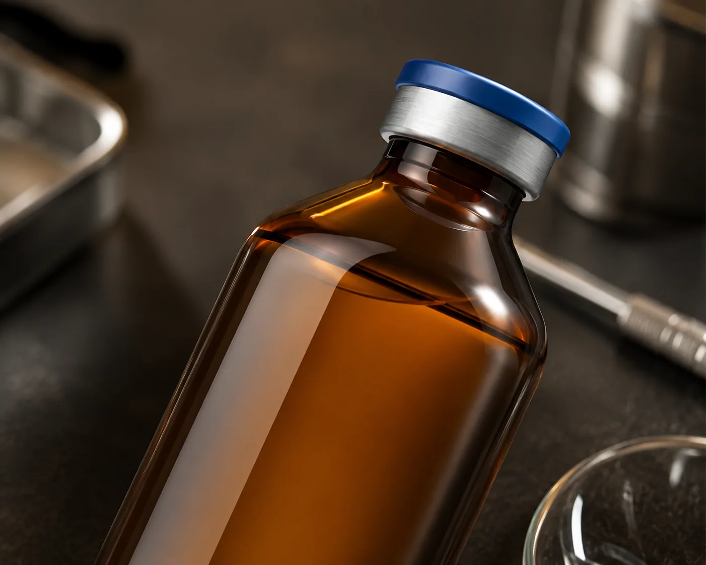 Frasco de Vidro Âmbar para Medicamento Veterinário em uma apresentação coordenada de produto em vidro âmbar.