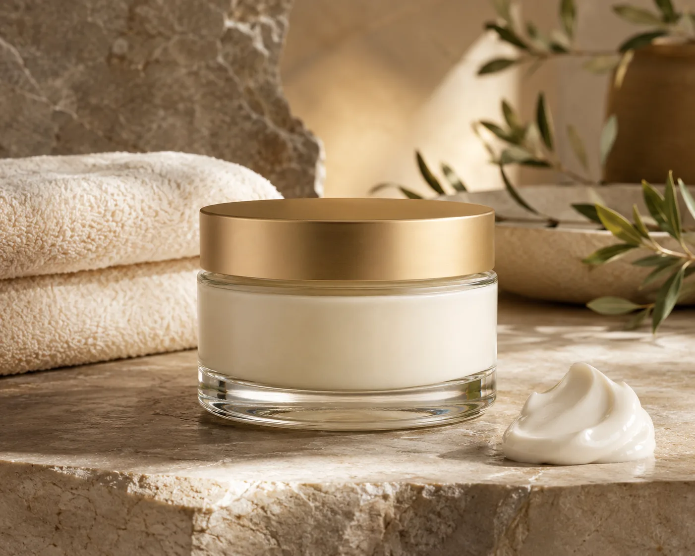 Glas-Body-Butter-Glas in einer Kosmetikverpackungspräsentation für Body Butter und Balsam.