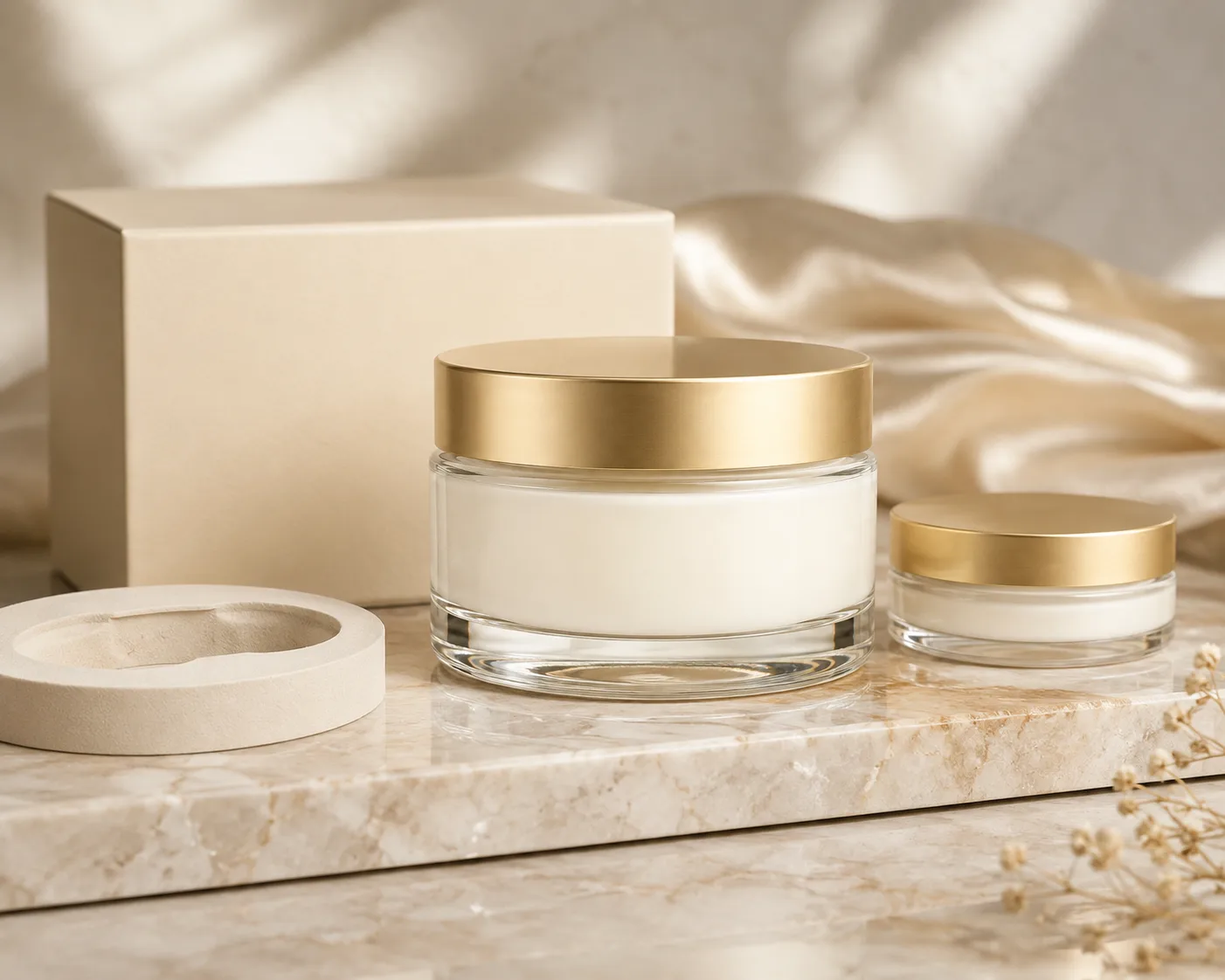 Nahaufnahme des Glas-Body-Butter-Glases mit sichtbarer Oberfläche und Verschlussbereich.